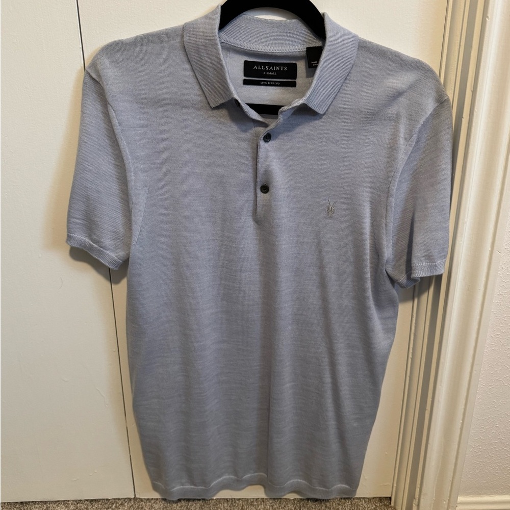 All Saints Men's Light Blue 100% Merino Wool Polo Shirt